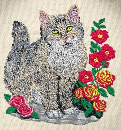 cat and roses embroidery design