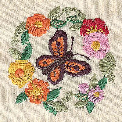 Embroidery Design: Butterfly in circle of flowers 2.00w X 2.00h