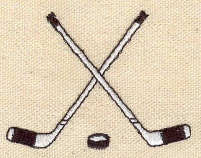 Embroidery Design: Crossed hockey sticks with puck 2.57w X 1.94h
