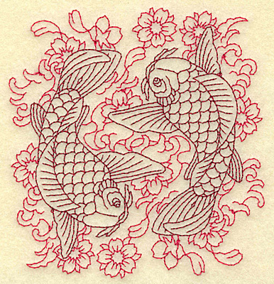 Embroidery Design: Koi duo waves flowers redwork 4.32w X 4. 59h