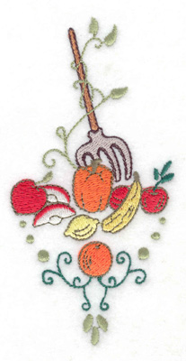 Embroidery Design: Pitchfork with fruit veggies and swirls 2.47w X 4.96h
