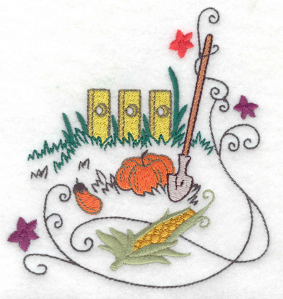 Embroidery Design: Fence with shovel and veggies 4.60w X 4.95h