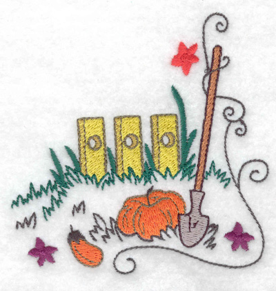 Embroidery Design: Fence with shovel and pumpkin 3.86w X 3.87h