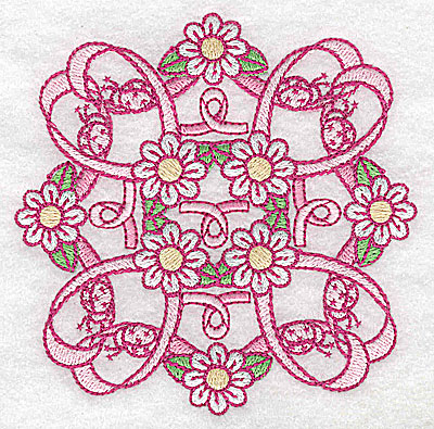 Embroidery Design: Ribbons daisies and ladybugs 3.86w X 3.86h