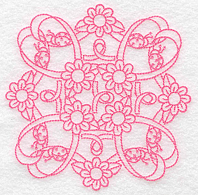 Embroidery Design: Ribbons daisies and ladybugs redwork large 4.96w X 4.96h