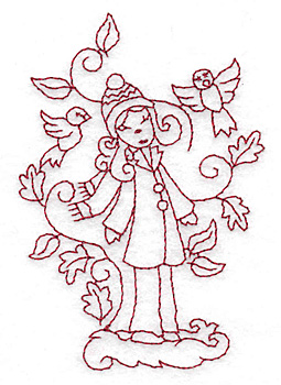 Embroidery Design: Girl with birds redwork 2.64w X 2.85h