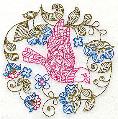 Embroidery Design: Jacobean bird and flowers A large 7.25w X 7.31h