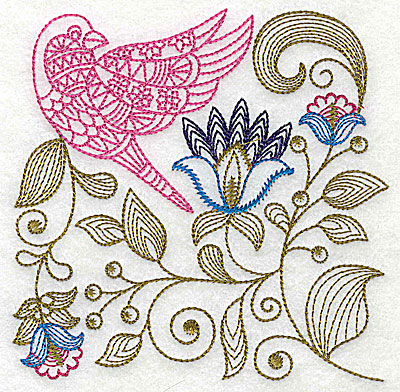 Embroidery Design: Jacobean bird and flowers B 4.88w X 4.81h