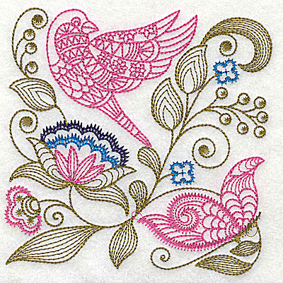 Embroidery Design: Jacobean bird and flowers C 6.00w X 6.06h