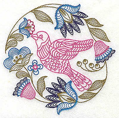Embroidery Design: Jacobean bird and flowers D 6.06w X 6.06h