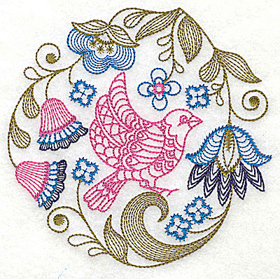 Embroidery Design: Jacobean bird and flowers E 4.88w X 4.19h