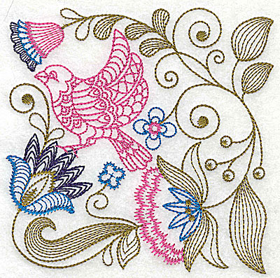 Embroidery Design: Jacobean bird and flowers F6.06w X 6.00h