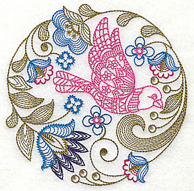 Embroidery Design: Jacobean bird and flowers G 6.06w X 6.06h