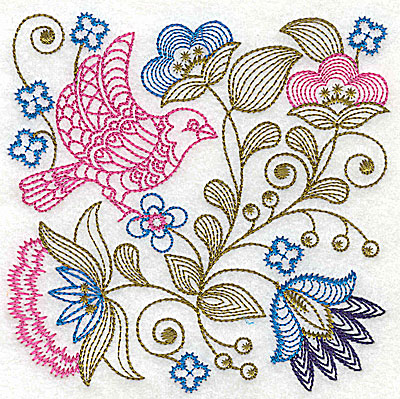 Embroidery Design: Jacobean bird and flowers H 6.13w X 6.13h