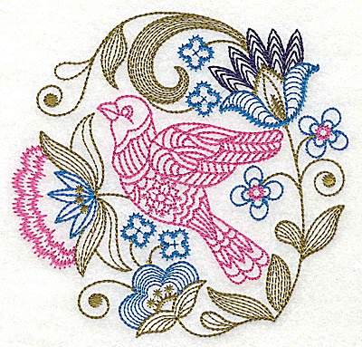 Embroidery Design: Jacobean bird and flowers I 6.13w X 5.94h