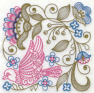 Embroidery Design: Jacobean bird and flowers J 4.88w X 4.88h