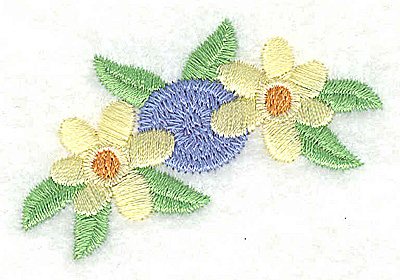 Embroidery Design: Blue Rossette with yellow flowers 2.32w X 1.59h