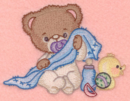 Embroidery Design: Baby bear with blankie rattle bottle and duck5.33w X 3.98h