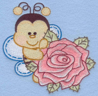 Embroidery Design: Bumble bee with single rose rt large5.01w X 4.98h