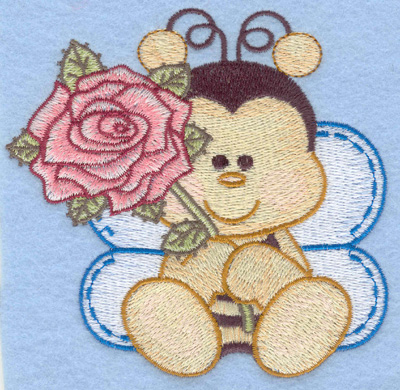 Embroidery Design: Bumble bee sitting with rose small4.14w X 4.01h