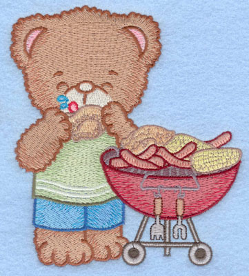 Embroidery Design: Bear at barbeque eating chicken large4.48w X 5.00h