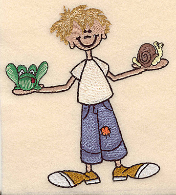Embroidery Design: Boy with frog and snail large 4.43"w X 4.99"h