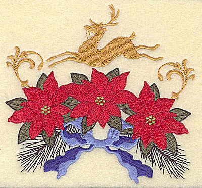 Embroidery Design: Poinsettias with deer 4.90w X 4.67h