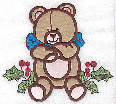 Embroidery Design: Teddy bear on holly (2 appliques) 5.53w X 4.99h