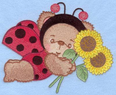 Embroidery Design: Ladybug bear with sunflowers large6.10w X 4.98h