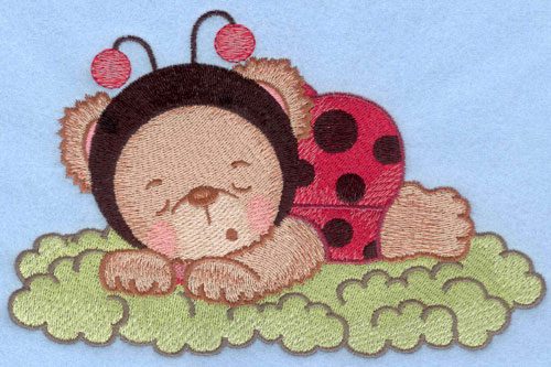 Embroidery Design: Ladybug bear sleeping on grass large7.01w X 5.45h