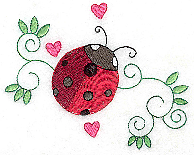Embroidery Design: Ladybug swirls and hearts large 4.93w X 3.91h