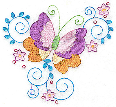 Embroidery Design: Butterfly flowers and swirls large 4.94w X 4.56h