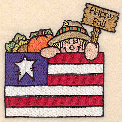 Embroidery Design: Scarecrow with flag large Happy Fall 5.00"w X 5.00"h
