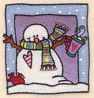 Embroidery Design: Snowman with hot cocoa small 3.43"w X 3.63"h