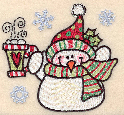 Embroidery Design: Snowman with mug large4.09"H x 4.35"W