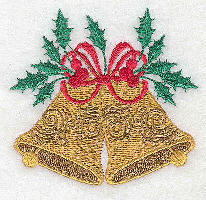 Embroidery Design: Christmas Bells with bow and holly 3.03w X 2.82h