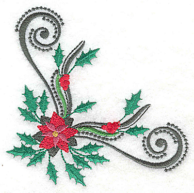Embroidery Design: Poinsetta holly and swirls corner 3.89w X 3.81h