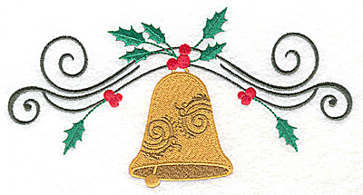 Embroidery Design: Christmas Bell with swirls and holly 6.96w X 3.62h