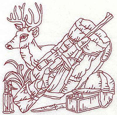 Embroidery Design: Deer head bedroll and rifle large 6.06w X 6.06h
