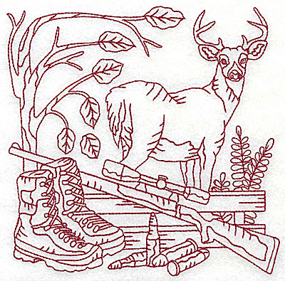 Embroidery Design: Buck rifle and fence large 6.13w X 6.13h