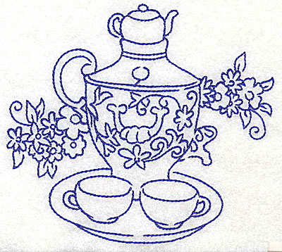 Embroidery Design: Teapot with teacups on tray large 4.96w X 4.54h
