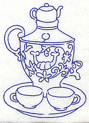 Embroidery Design: Teapot with teacups on tray 3.57w X 4.94h