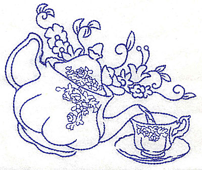 Embroidery Design: Teapot pouring tea into teacup large 4.97w X 4.04h