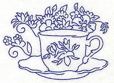 Embroidery Design: Teacup with flowers large 4.58w X 3.38h