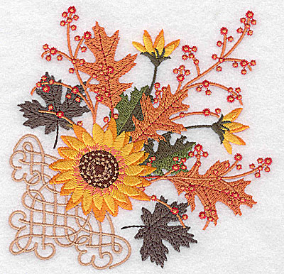 Embroidery Design: Sunflower and leaves with design 4.96w X 4.97h