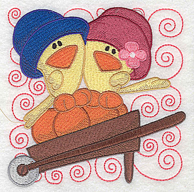 Embroidery Design: Two chicks in a wheelbarrow large 4.93w X 4.93h
