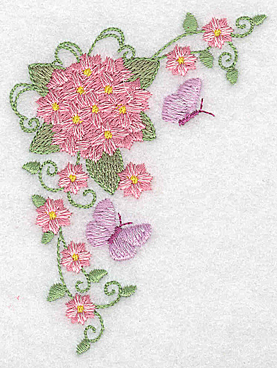 Embroidery Design: Hydrangea and butterflies 2.85w X 3.87h