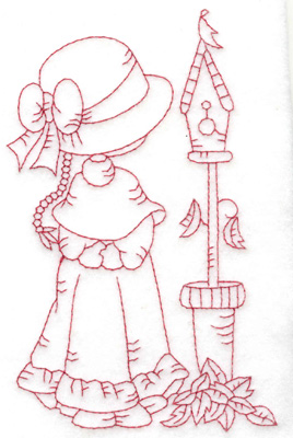 Embroidery Design: Girl with birdhouse large 3.80w X 6.02h