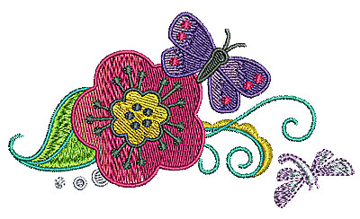 Embroidery Design: Butterfly on flower with vines 4.72w X 2.68h