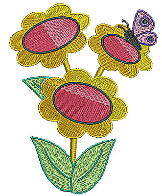 Embroidery Design: Butterfly on flower trio 4.67w X 5.98h